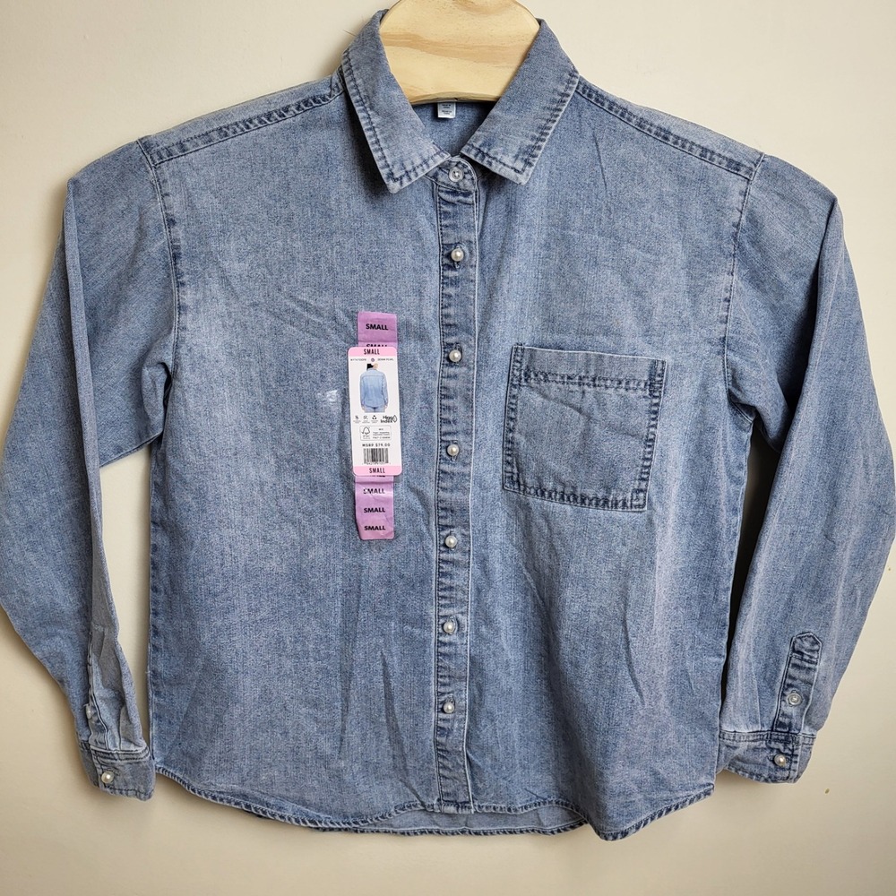 Seven 7 Womens Small Denim Pearl Button Shirt Long Sleeve Light Wash‎ Casual Top